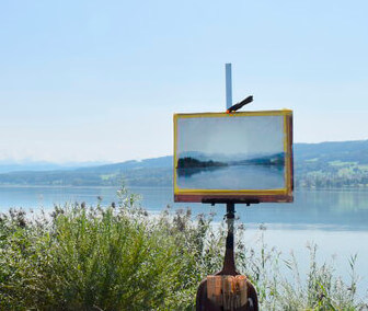 Landschaftsbild auf Staffelei am Ufer des Greifensees